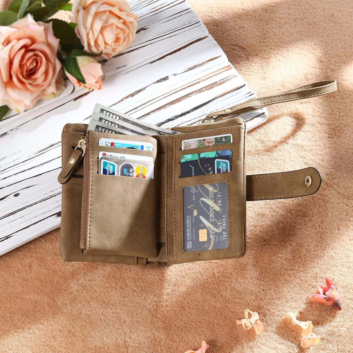 Personalized Custom Wallet with Birth Flower & Name for Women Mom Credit Card Wallet With Wrist Strap Birthday Gifts for Mothers Day (Style 6)