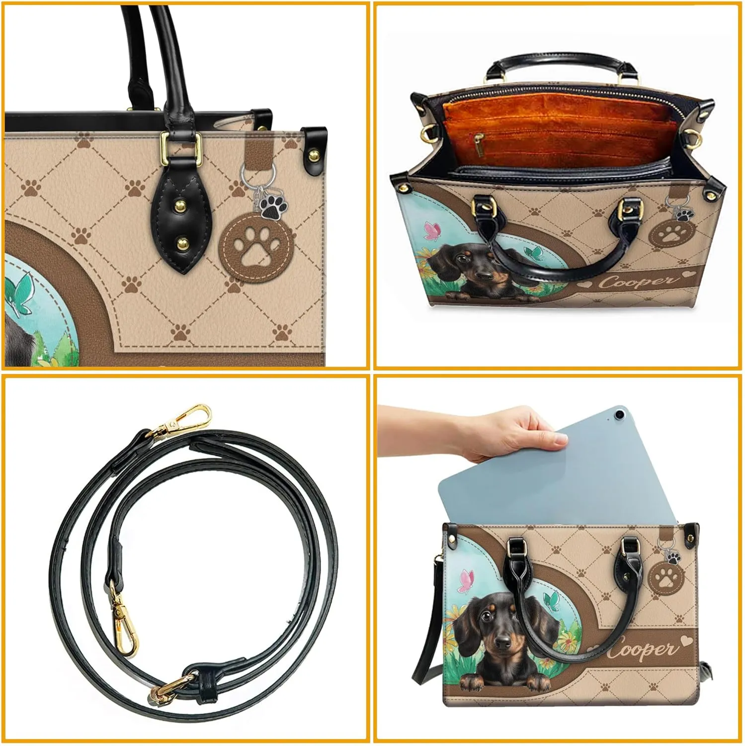 Personalized Dachshund Dog Handbags, Custom Name Dog Leather Bags, Purses, Shoulder Bag, Gift For Dog Mom Dog Lover