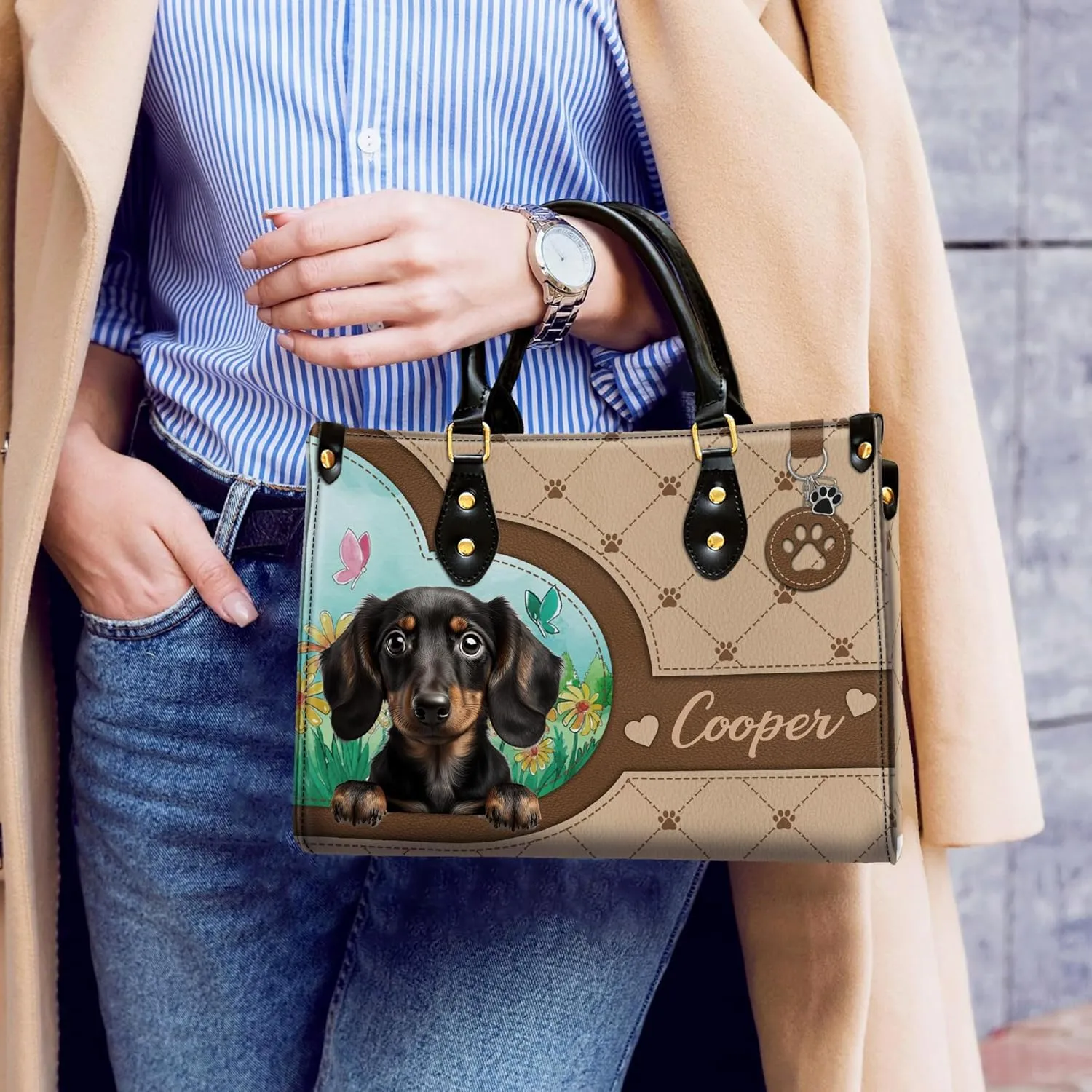 Personalized Dachshund Dog Handbags, Custom Name Dog Leather Bags, Purses, Shoulder Bag, Gift For Dog Mom Dog Lover