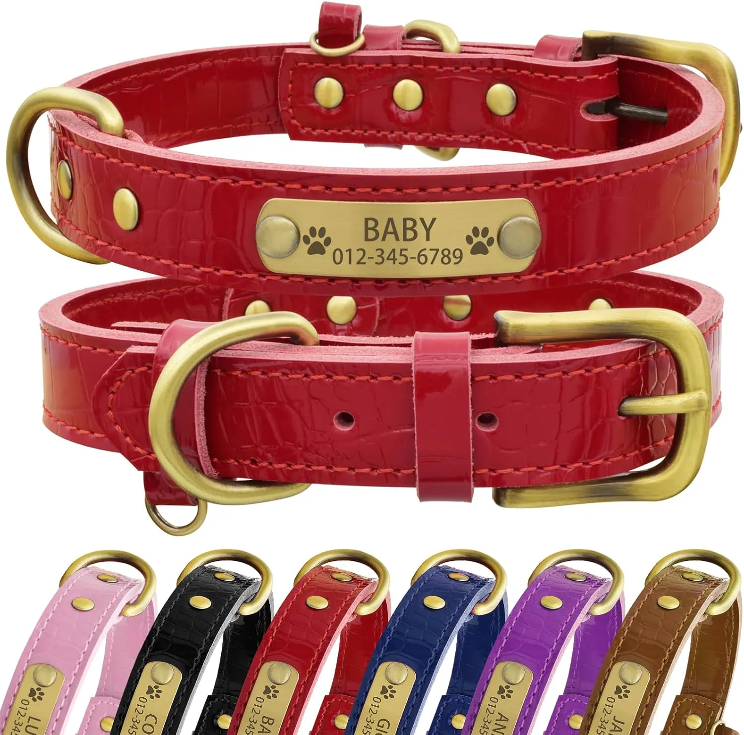 Personalized Genuine Leather Dog Collar with Engraved Name Plate - Durable and Stylish Custom Dog Collar for Small, Medium, and Large Dogs (M,Red)