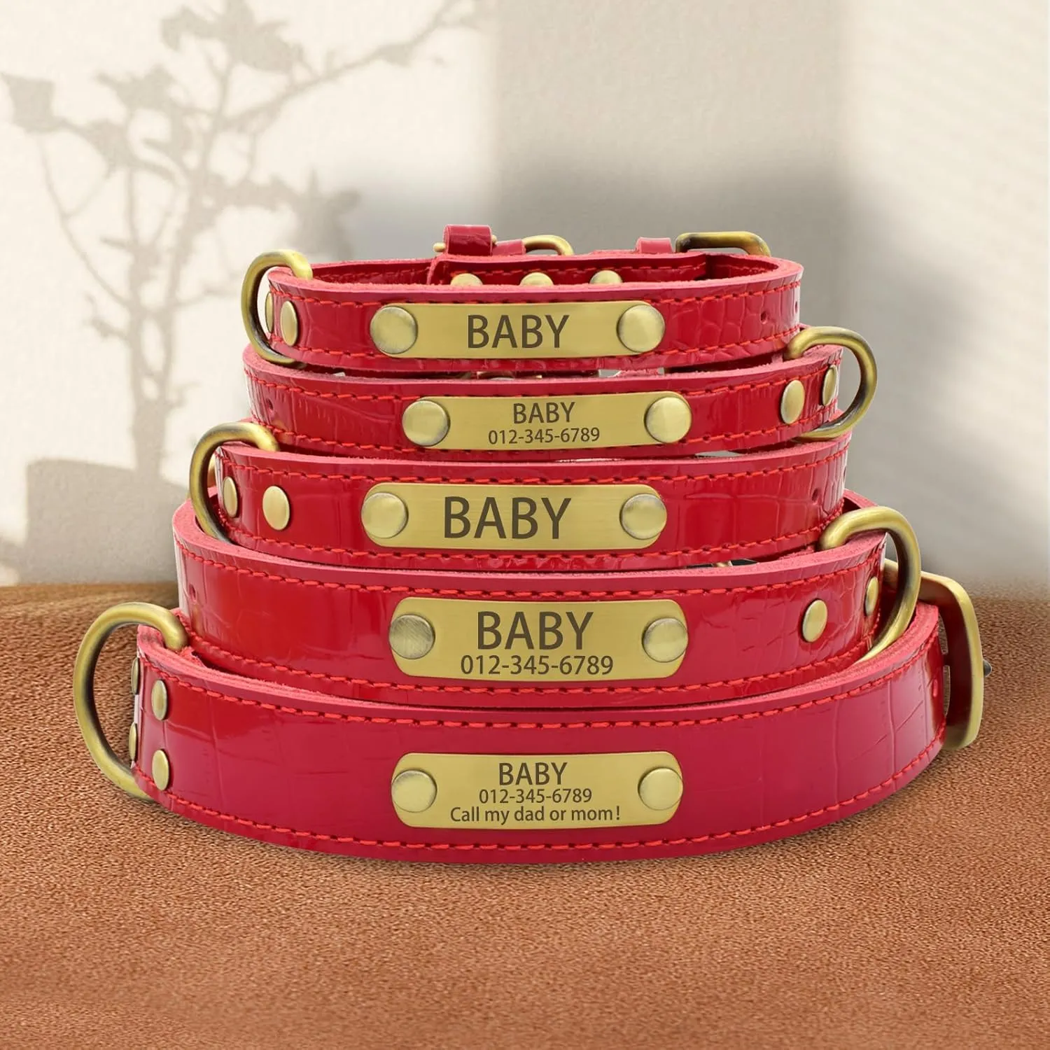 Personalized Genuine Leather Dog Collar with Engraved Name Plate - Durable and Stylish Custom Dog Collar for Small, Medium, and Large Dogs (M,Red)