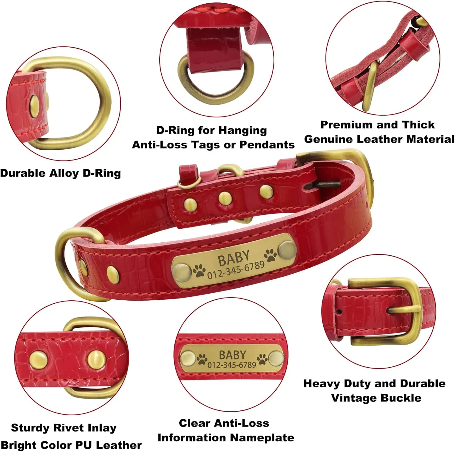 Personalized Genuine Leather Dog Collar with Engraved Name Plate - Durable and Stylish Custom Dog Collar for Small, Medium, and Large Dogs (M,Red)