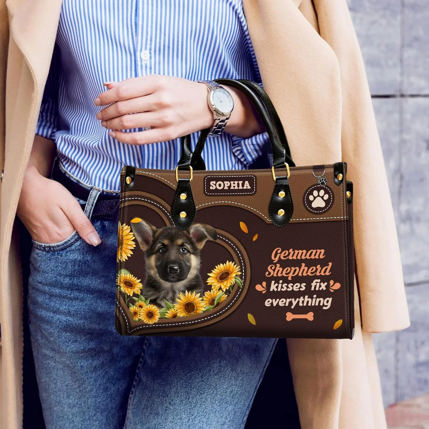 Personalized German Shepherd Dog Handbags, Custom Name Dog Leather Bags, Purses, Shoulder Bag, Gift For Dog Mom Dog Lover
