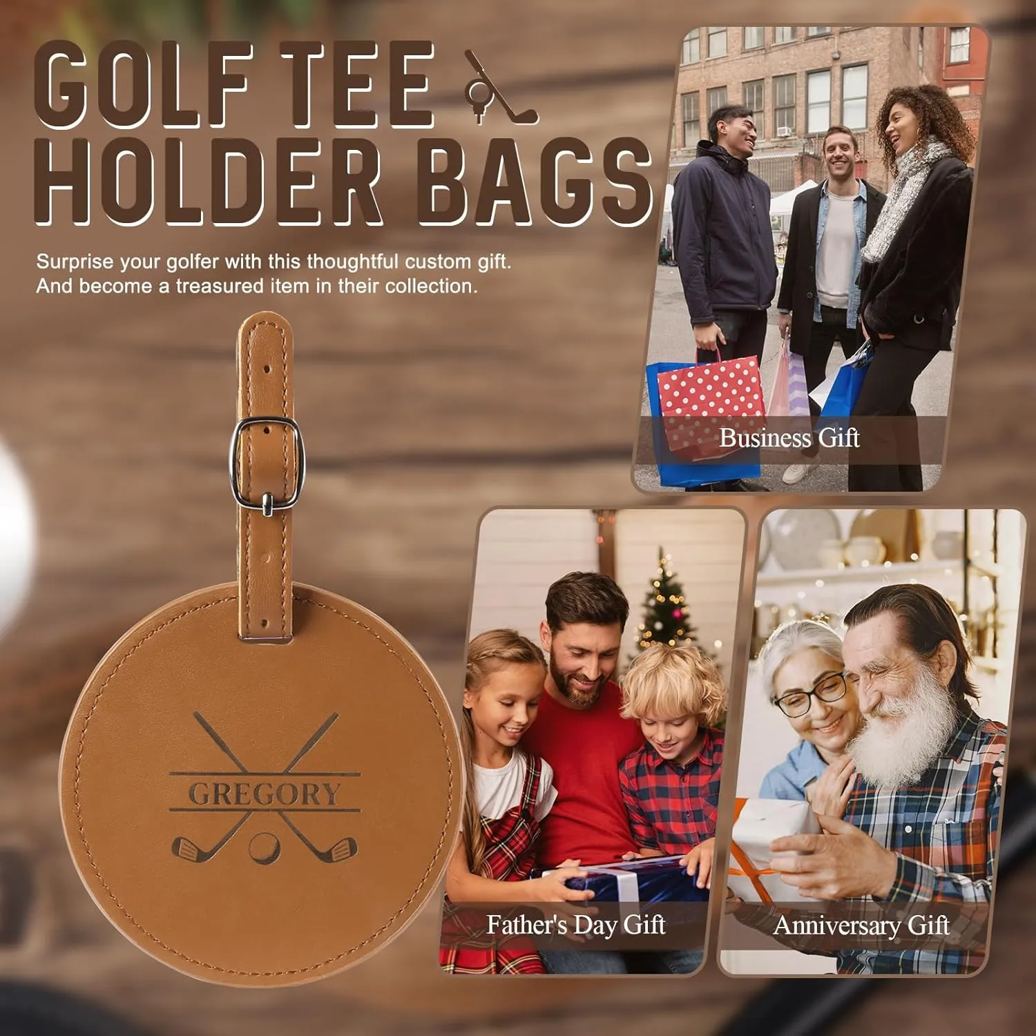 Personalized Golf Bag Tag, Custom Leather Golf Tee Holder Engraved with Name Pattern, Golf Accessories Gift for Men Women Husband Dad Golfer