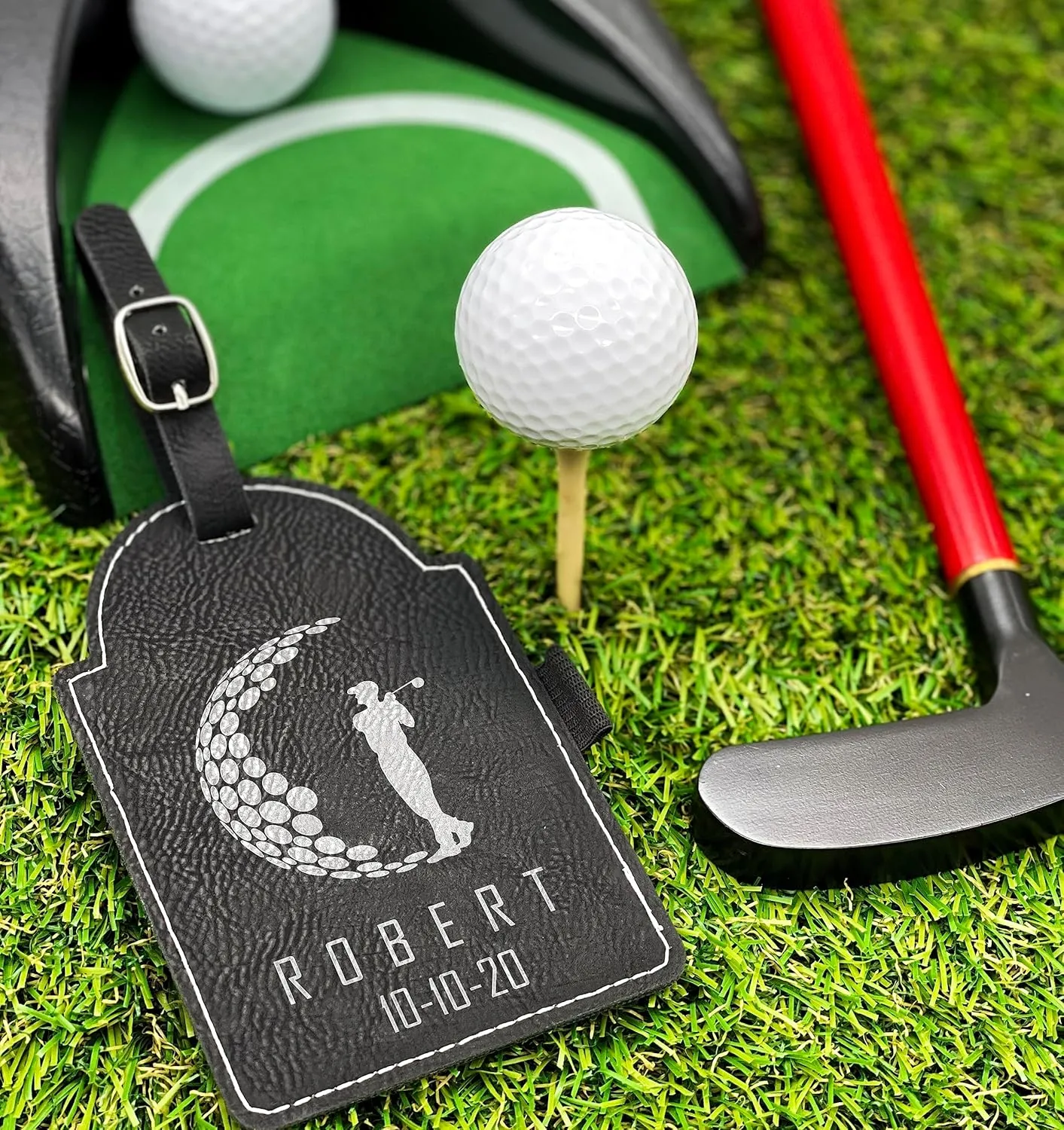 Personalized Golf Bag Tag with Tees, Customized Leather Golf Luggage Accessories with Custom Name Gift for Dad - Golfer Gifts (Black)