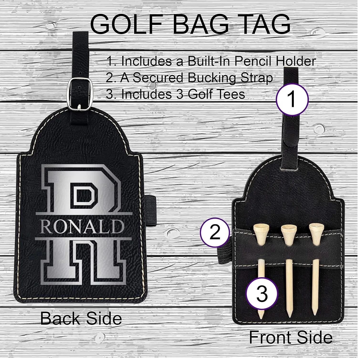 Personalized Golf Bag Tag with Tees, Customized Leather Golf Luggage Accessories with Custom Name Gift for Dad - Golfer Gifts (Black)