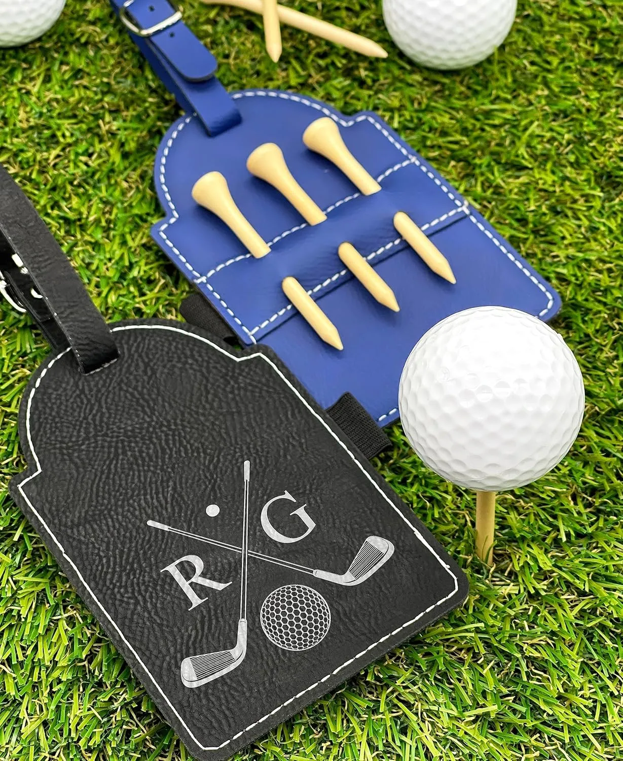 Personalized Golf Bag Tag with Tees, Customized Leather Golf Luggage Accessories with Custom Name Gift for Dad - Golfer Gifts (Black)