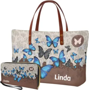 Personalized Handbag with Leather Wallet Set for Women, Custom Name Purse Set Large Top Handle Purse with Wallet