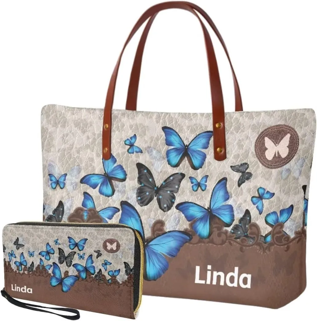 Personalized Handbag with Leather Wallet Set for Women, Custom Name Purse Set Large Top Handle Purse with Wallet