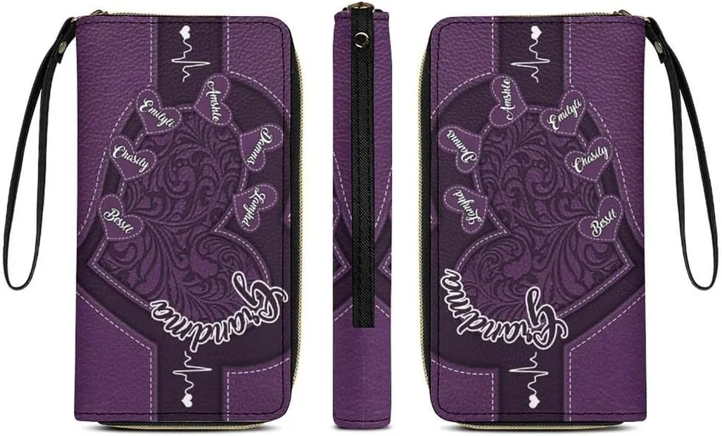 Personalized Leather Long Wallet with Name and Heart Custom Grandma Name Wallet Loving Gift For Grandmother Mother From Daughter Son Grandkids Grandma's Little Sweethearts Custom Women's Gift