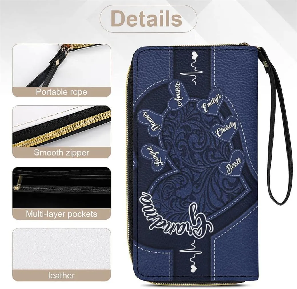 Personalized Leather Long Wallet with Name and Heart Custom Grandma Name Wallet Loving Gift For Grandmother Mother From Daughter Son Grandkids Grandma's Little Sweethearts Custom Women's Gift