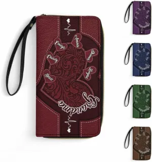 Personalized Leather Long Wallet with Name and Heart Custom Grandma Name Wallet Loving Gift For Grandmother Mother From Daughter Son Grandkids Grandma's Little Sweethearts Custom Women's Gift