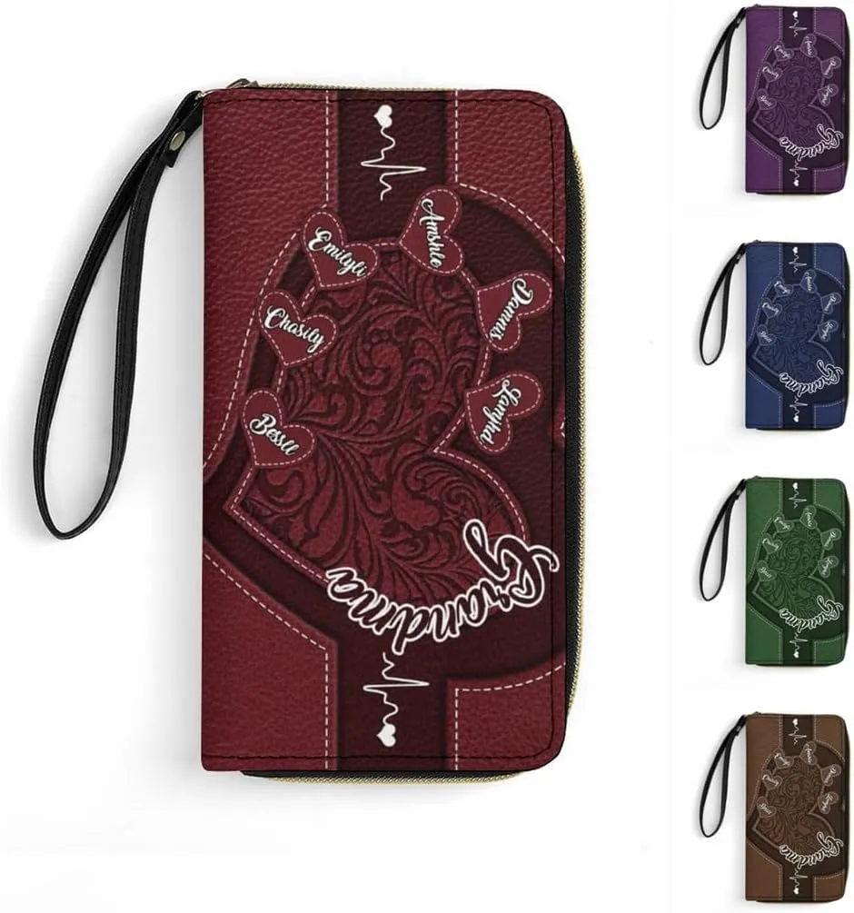 Personalized Leather Long Wallet with Name and Heart Custom Grandma Name Wallet Loving Gift For Grandmother Mother From Daughter Son Grandkids Grandma's Little Sweethearts Custom Women's Gift