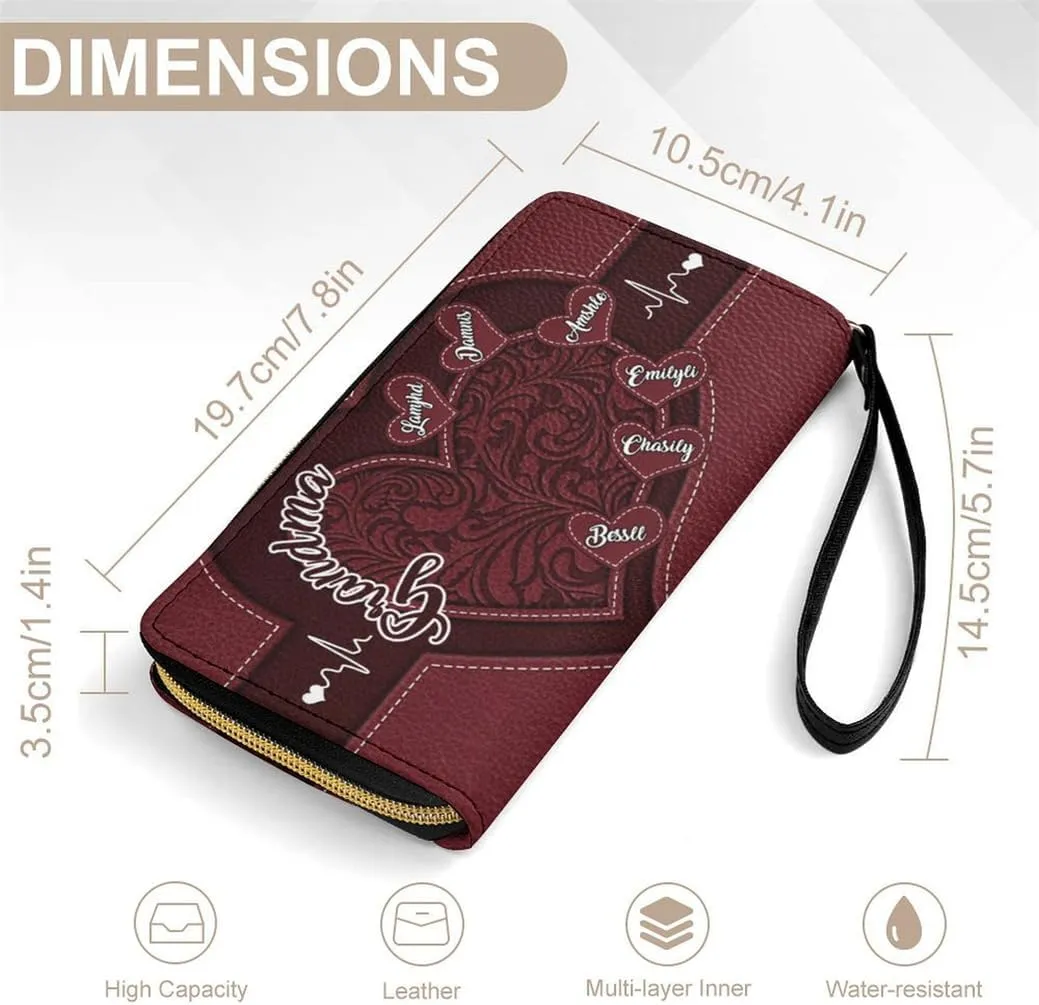 Personalized Leather Long Wallet with Name and Heart Custom Grandma Name Wallet Loving Gift For Grandmother Mother From Daughter Son Grandkids Grandma's Little Sweethearts Custom Women's Gift