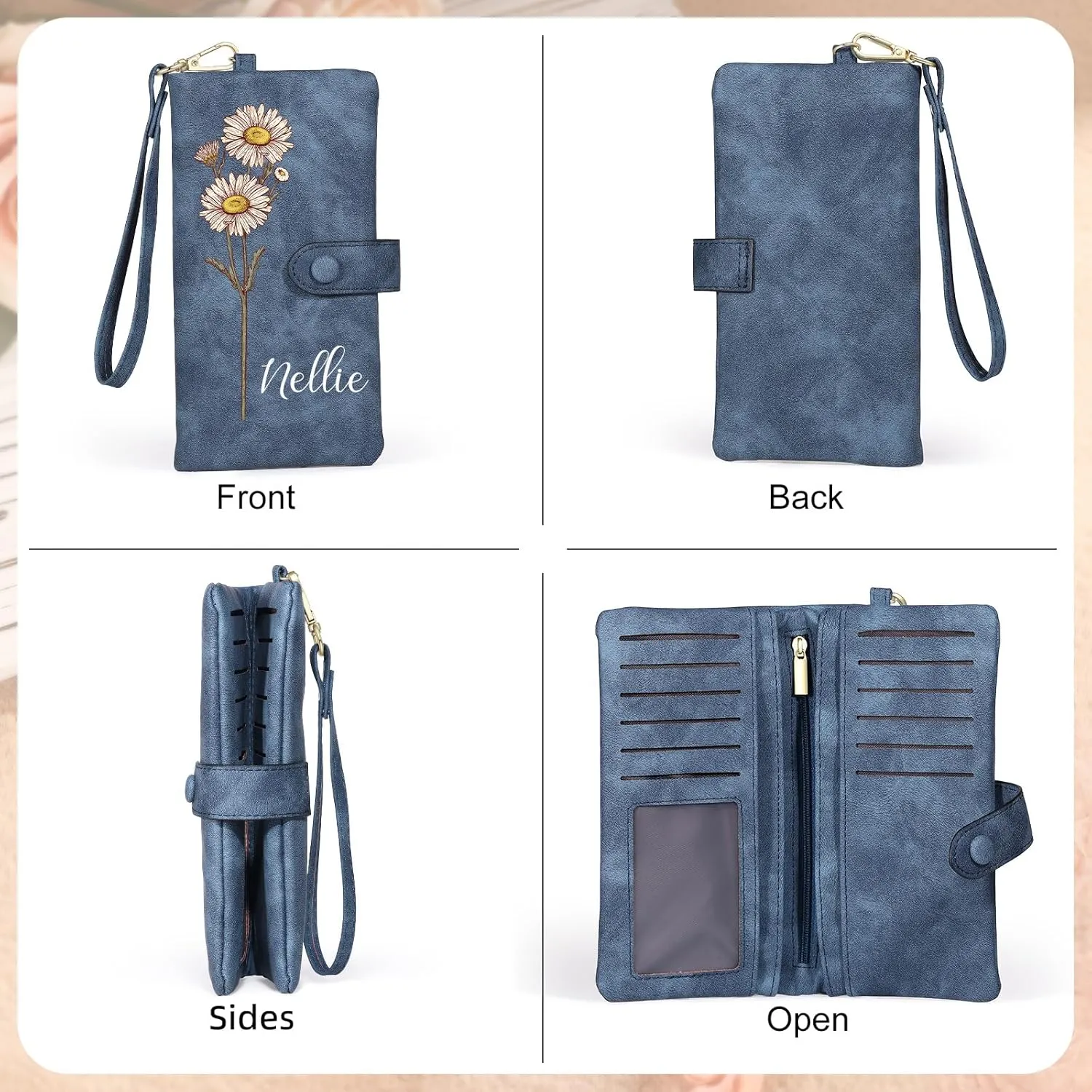Personalized Leather Wallet for Women – Custom Bifold Wristlet with Birth Flower & Name – PU Leather Card Holder Wallet – Unique Gifts for Mom, Wife, Grandma, Daughter