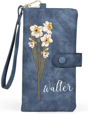 Personalized Leather Wallet for Women – Custom Bifold Wristlet with Birth Flower & Name – PU Leather Card Holder Wallet – Unique Gifts for Mom, Wife, Grandma, Daughter