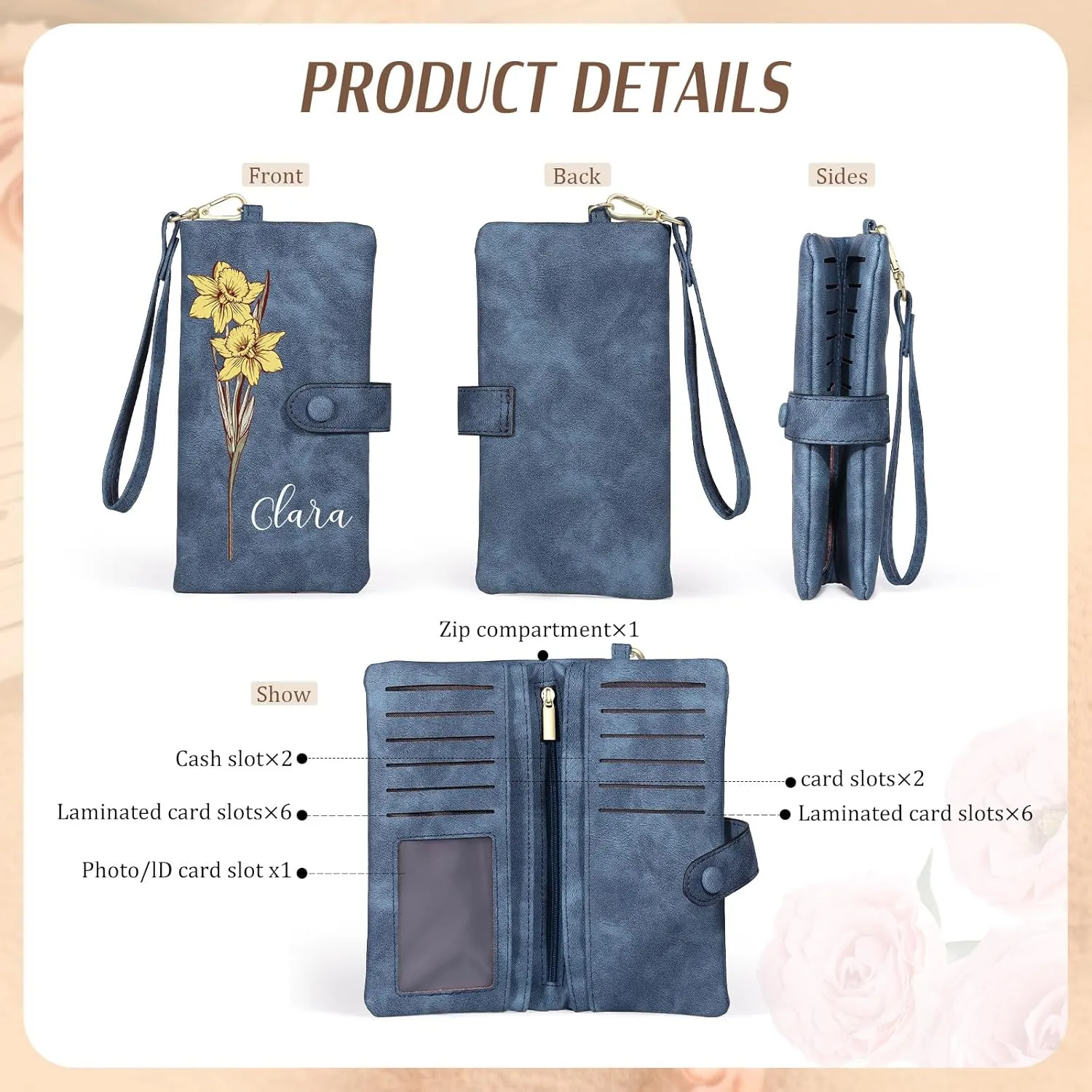 Personalized Leather Wallet for Women – Custom Bifold Wristlet with Birth Flower & Name – PU Leather Card Holder Wallet – Unique Gifts for Mom, Wife, Grandma, Daughter