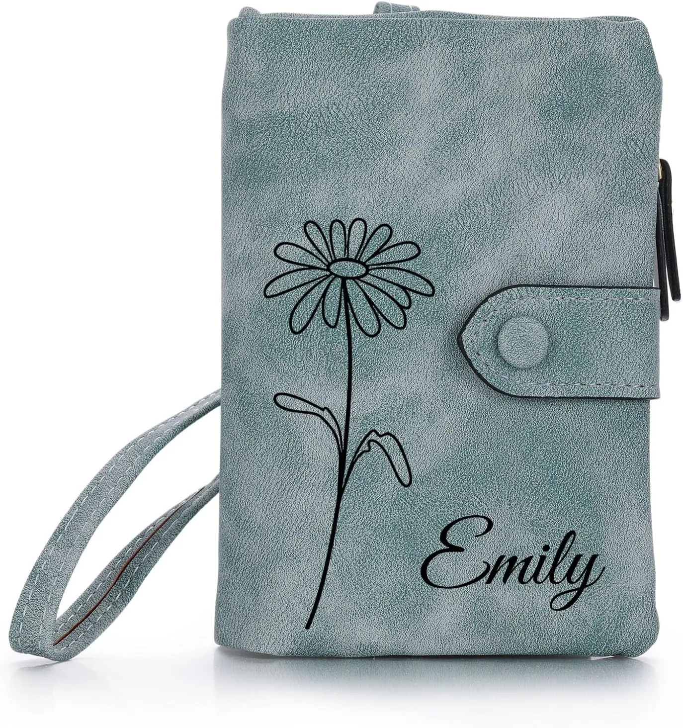 Personalized Leather Wallets for Women Wallets with Zipper Coin Purse with Wrist Strap Small Ladies Wallet with Name Birth Flower Leather Wallet for Girlfriend Wife Mother's Day - Blue-green