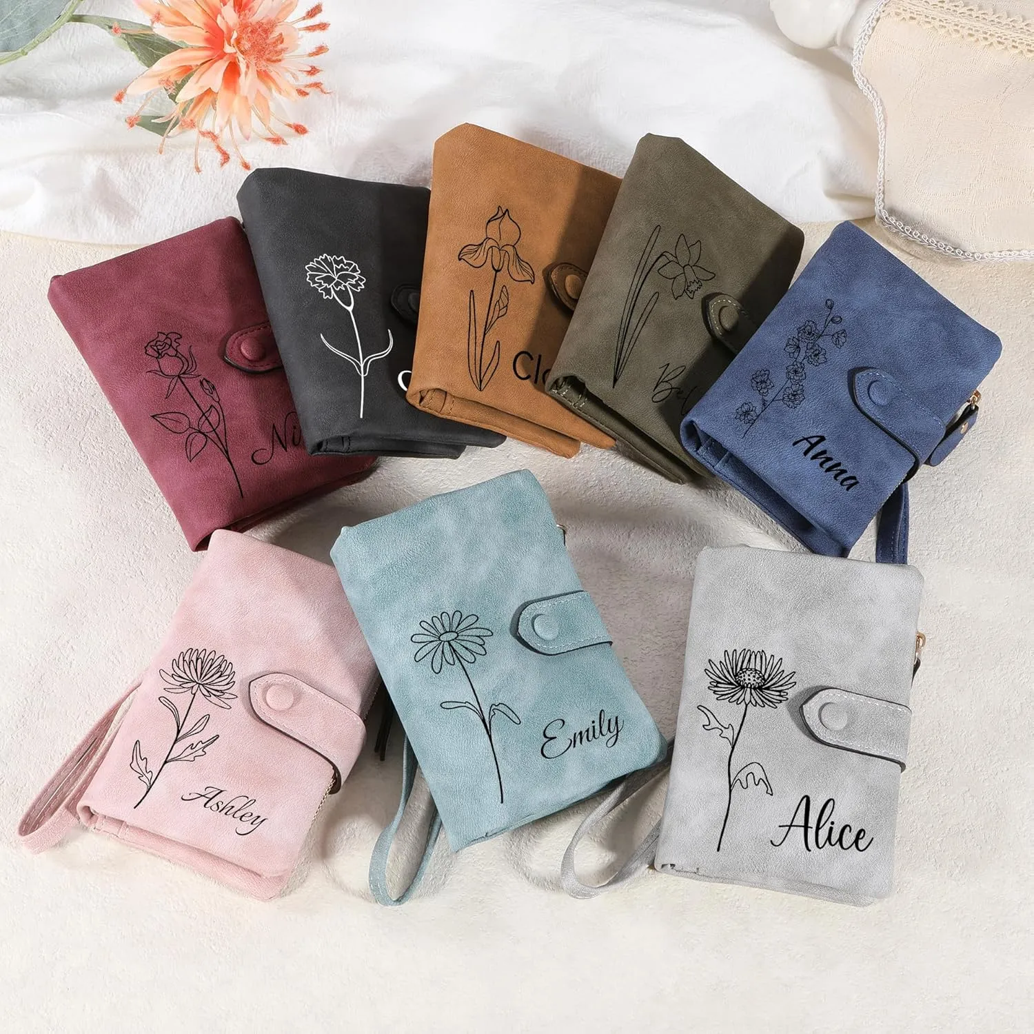 Personalized Leather Wallets for Women Wallets with Zipper Coin Purse with Wrist Strap Small Ladies Wallet with Name Birth Flower Leather Wallet for Girlfriend Wife Mother's Day - Blue-green