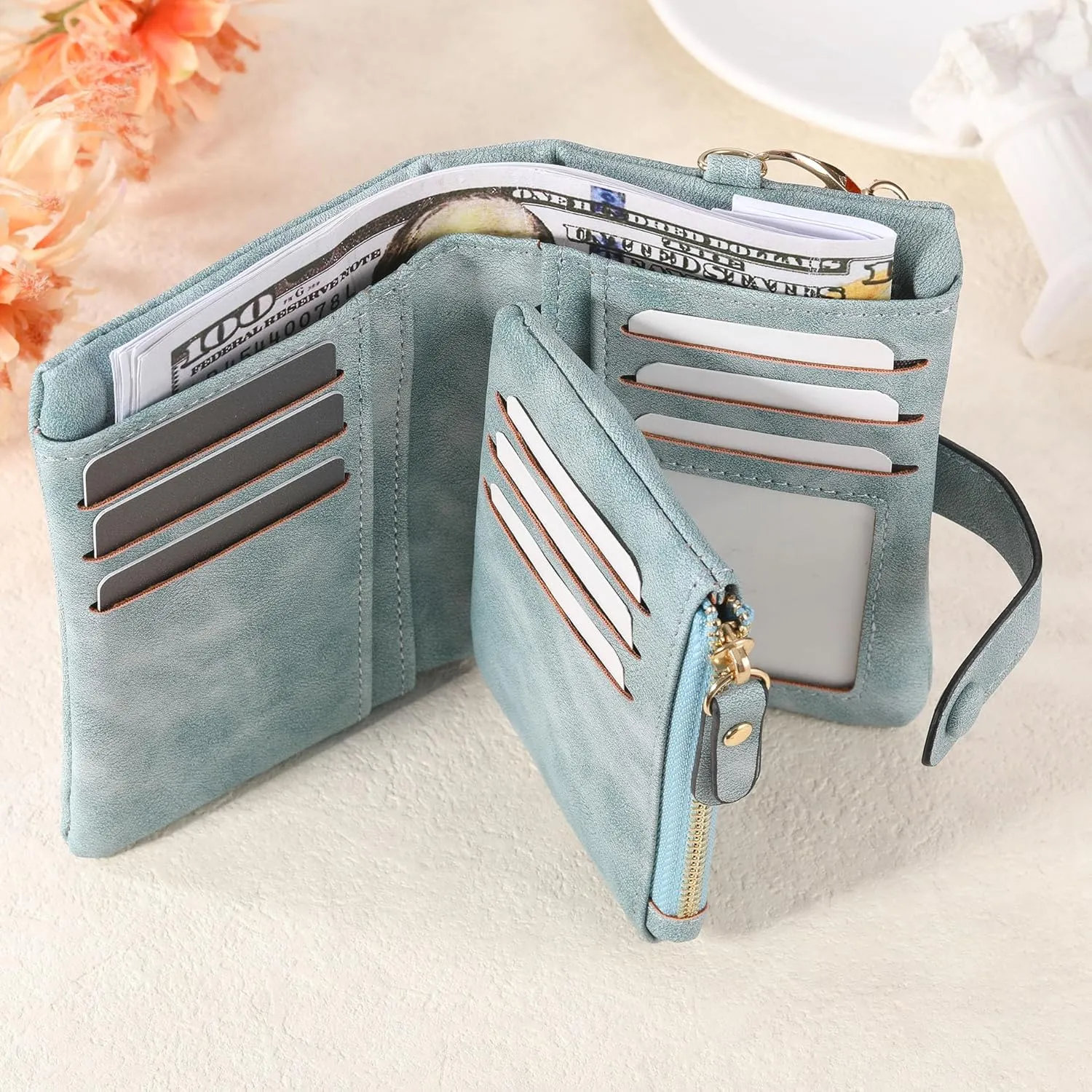 Personalized Leather Wallets for Women Wallets with Zipper Coin Purse with Wrist Strap Small Ladies Wallet with Name Birth Flower Leather Wallet for Girlfriend Wife Mother's Day - Blue-green