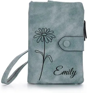 Personalized Leather Wallets for Women Wallets with Zipper Coin Purse with Wrist Strap Small Ladies Wallet with Name Birth Flower Leather Wallet for Girlfriend Wife Mother's Day - Blue-green