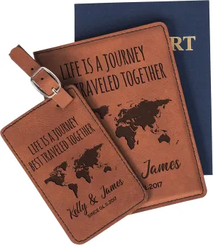 Personalized Leatherette Passport Holder and Luggage Tag Set for Women and Men | 18 Design Options | Custom Engraved Passport Cover Suitcase Tag, Travel Gifts for Boss | Chestnut
