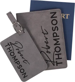 Personalized Leatherette Passport Holder and Luggage Tag Set for Women and Men | 18 Designs | Custom Engraved Passport Cover Suitcase Tag, Travel Gifts for Boss | Gray