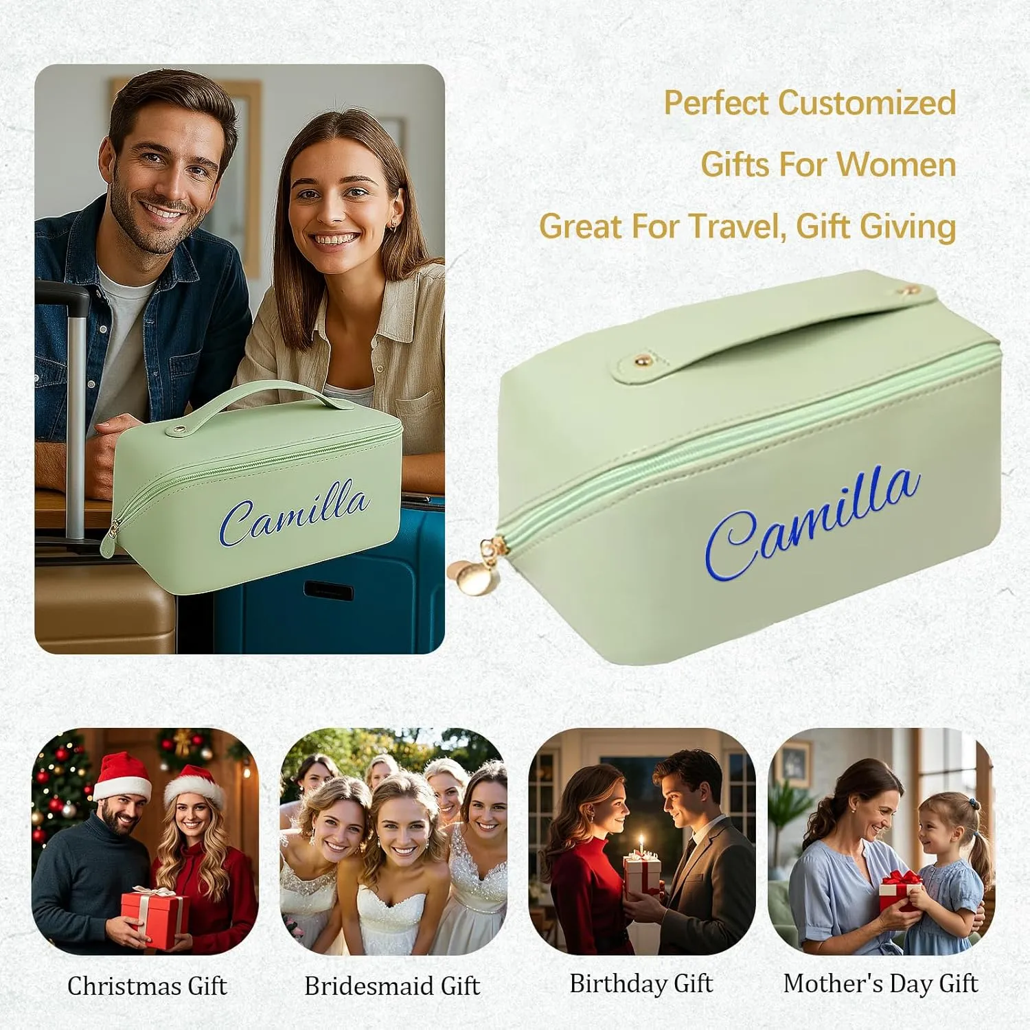 Personalized Makeup Bag with Your Embroidery Text,Large Capacity Waterproof Leather Travel Comestic Toiletry Bag for Bridesmaid Mother’s Day Women Gifts