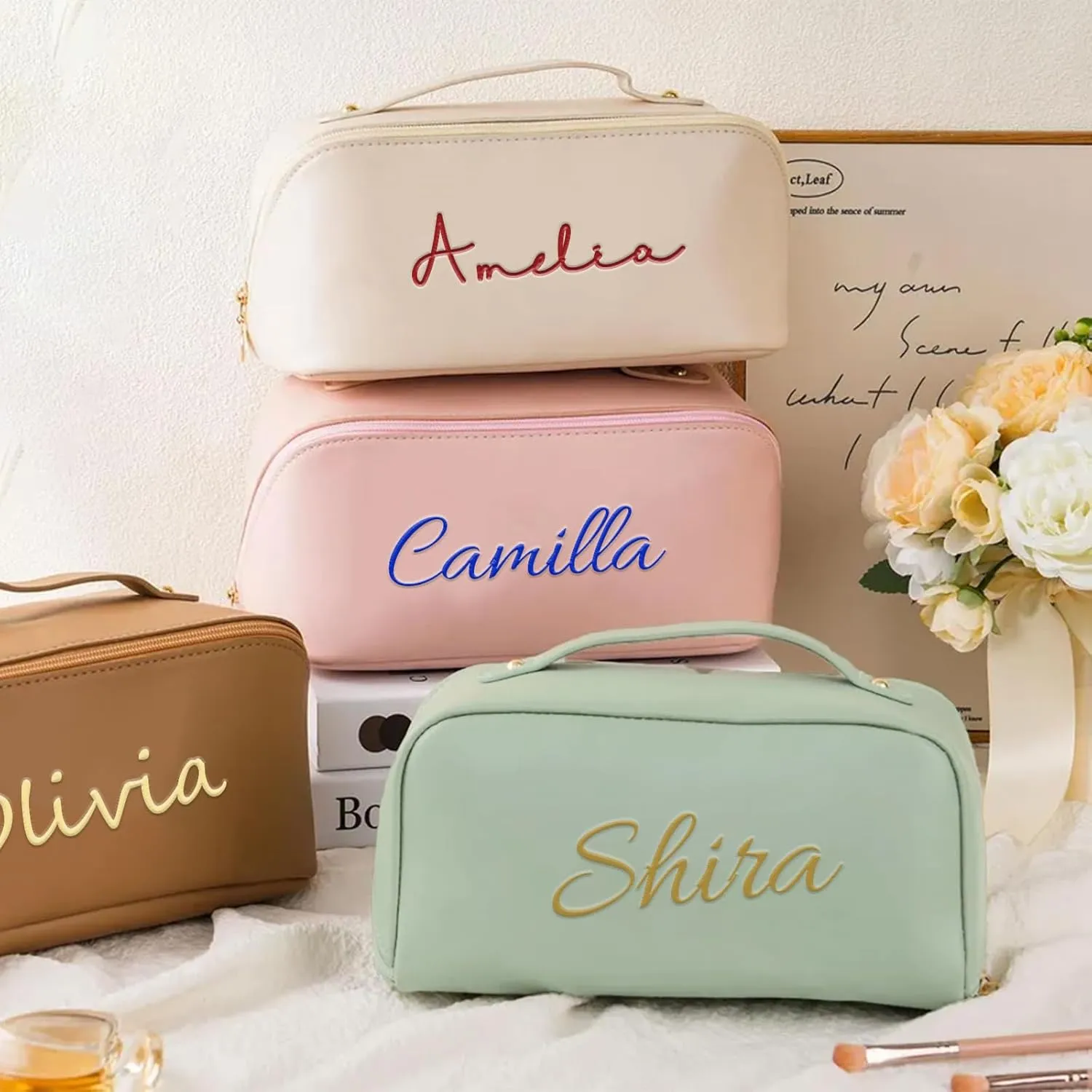 Personalized Makeup Bag with Your Embroidery Text,Large Capacity Waterproof Leather Travel Comestic Toiletry Bag for Bridesmaid Mother’s Day Women Gifts