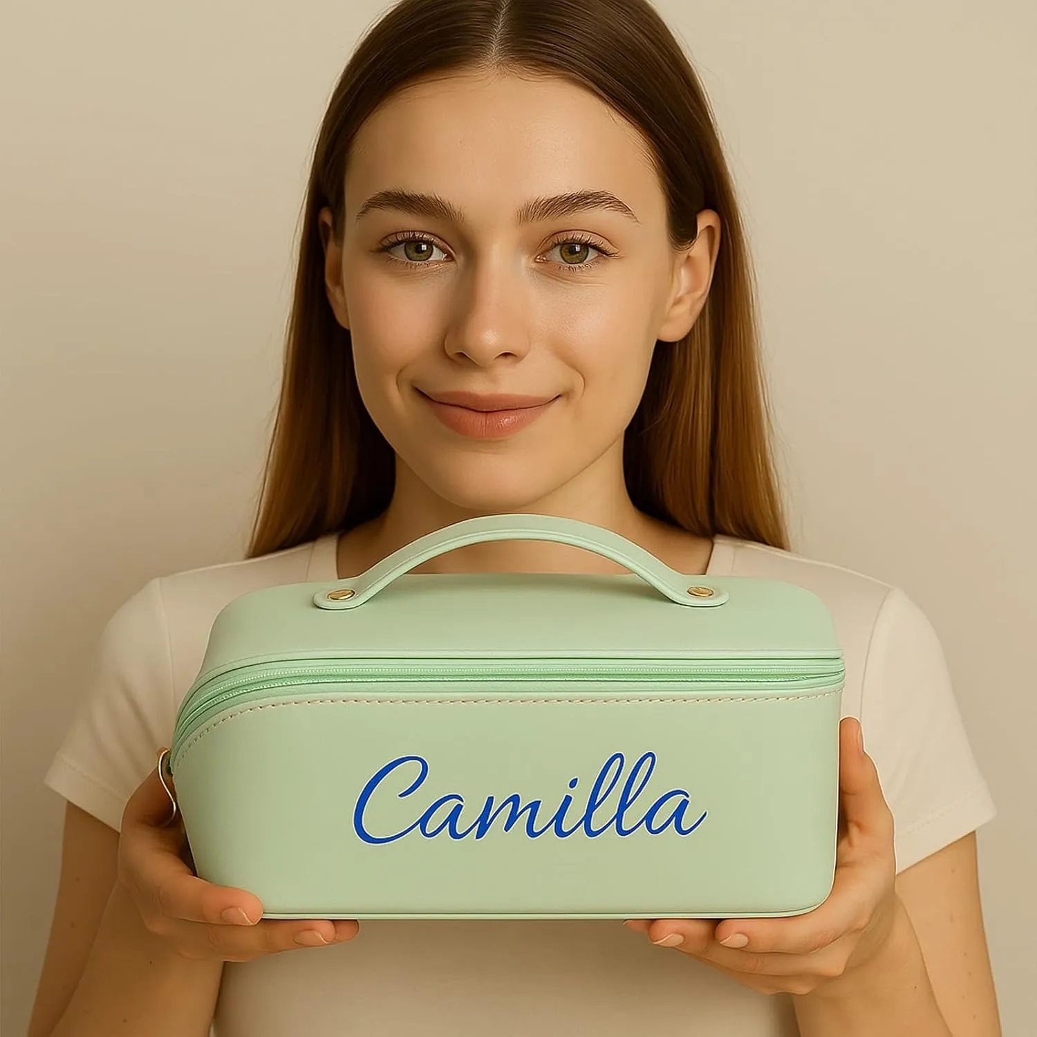 Personalized Makeup Bag with Your Embroidery Text,Large Capacity Waterproof Leather Travel Comestic Toiletry Bag for Bridesmaid Mother’s Day Women Gifts