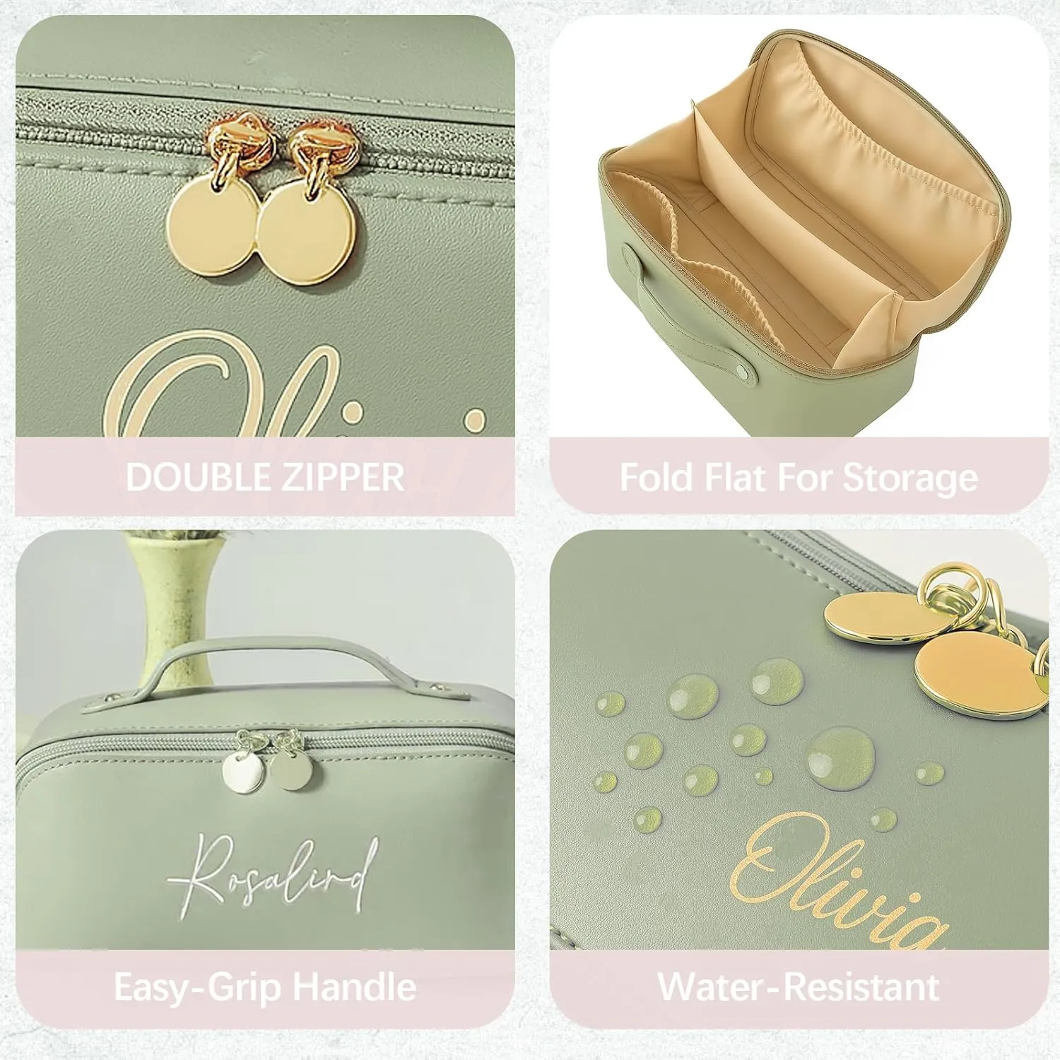 Personalized Makeup Bag with Your Embroidery Text,Large Capacity Waterproof Leather Travel Comestic Toiletry Bag for Bridesmaid Mother’s Day Women Gifts