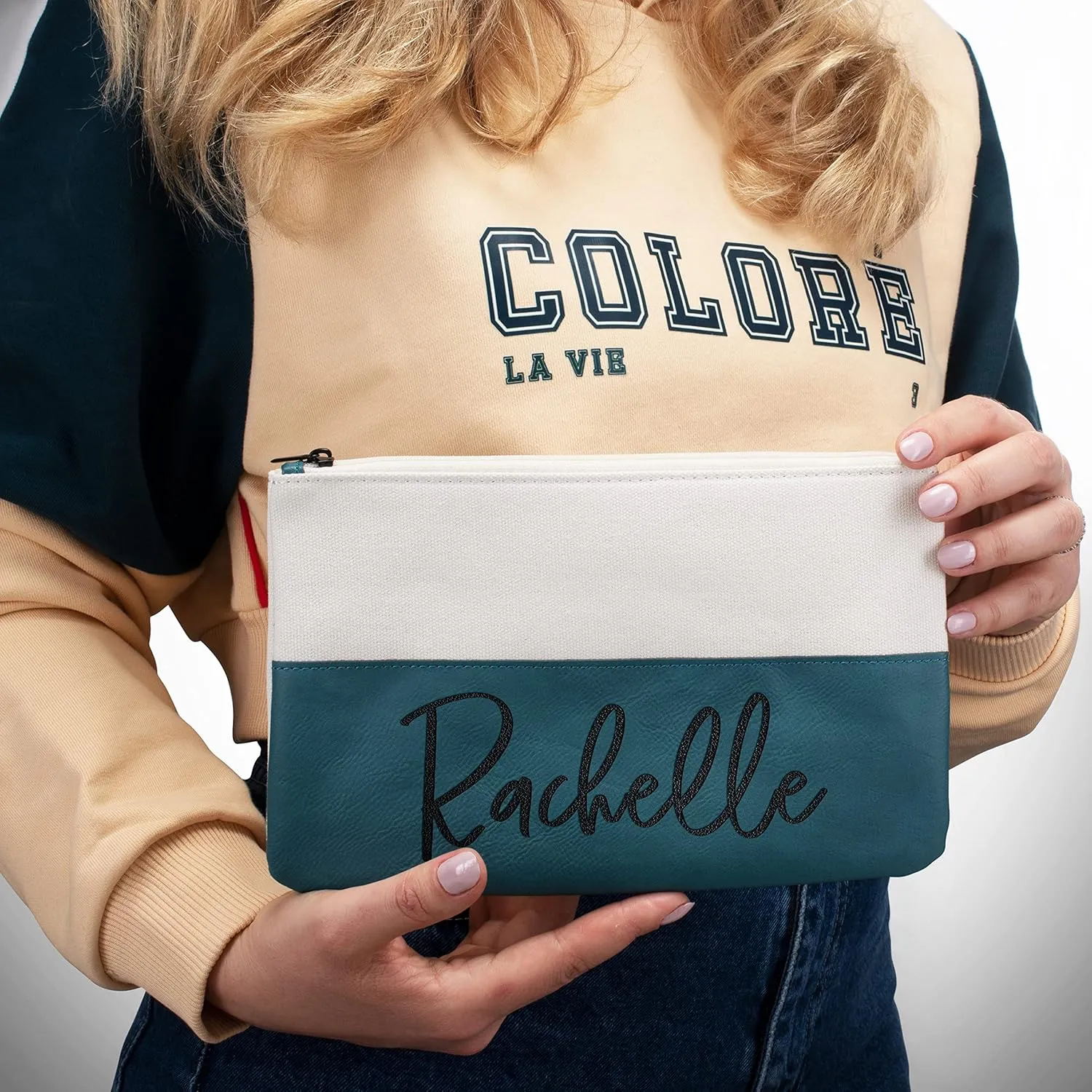 Personalized Makeup Bag w/Name - Vegan Leather & Canvas - 7 Fonts, Custom Cosmetics Bag, Lightweight & Portable Makeup Pouch for Travelling, Gifts for Women, Mom - Chestnut