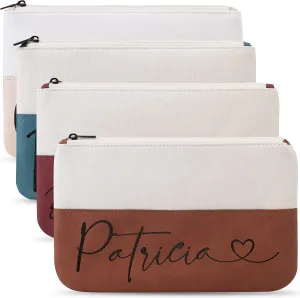 Personalized Makeup Bag w/Name - Vegan Leather & Canvas - 7 Fonts, Custom Cosmetics Bag, Lightweight & Portable Makeup Pouch for Travelling, Gifts for Women, Mom - Chestnut