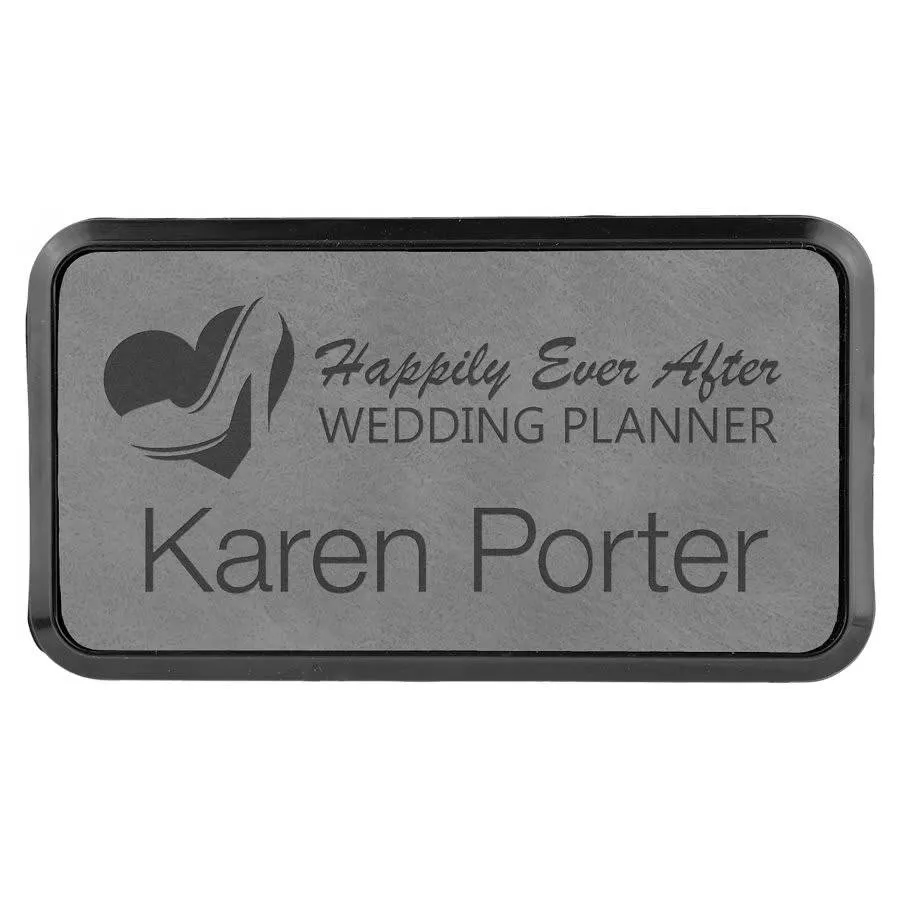 Personalized Name Badges with Black Frame in Leatherette Colors
