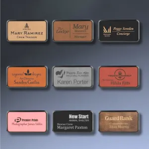 Personalized Name Badges with Black Frame in Leatherette Colors