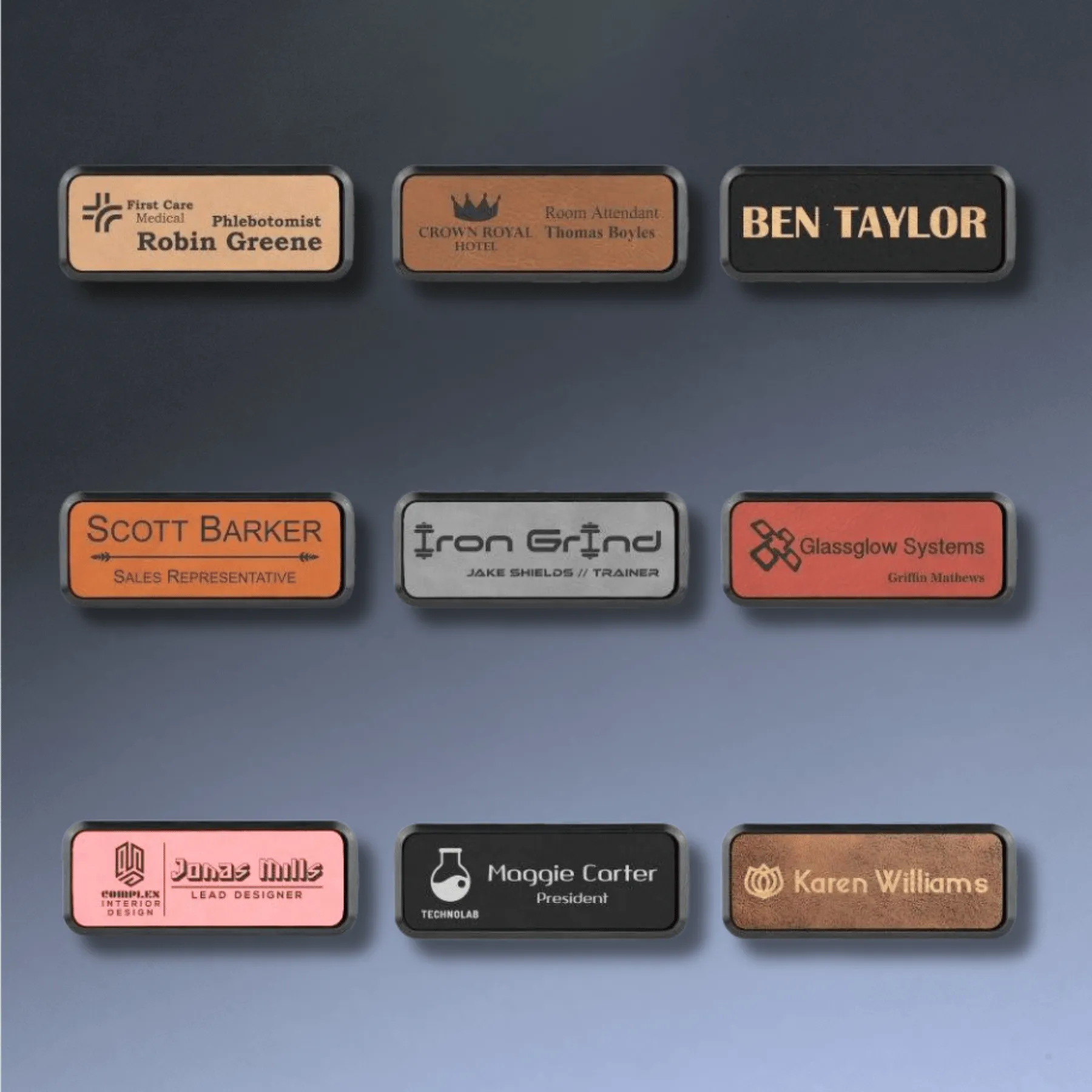 Personalized Name Badges with Black Frame in Leatherette Colors