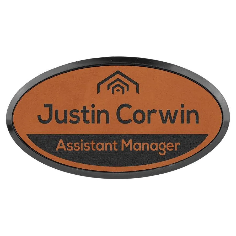Personalized Name Badges with Black Frame in Leatherette Colors