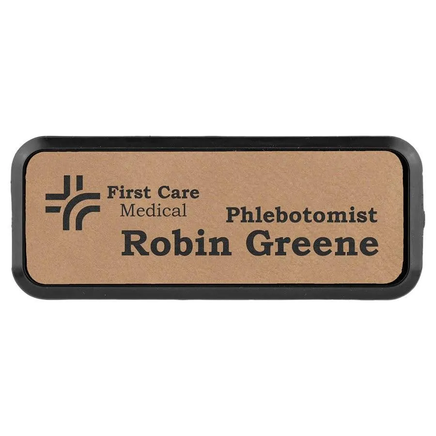 Personalized Name Badges with Black Frame in Leatherette Colors