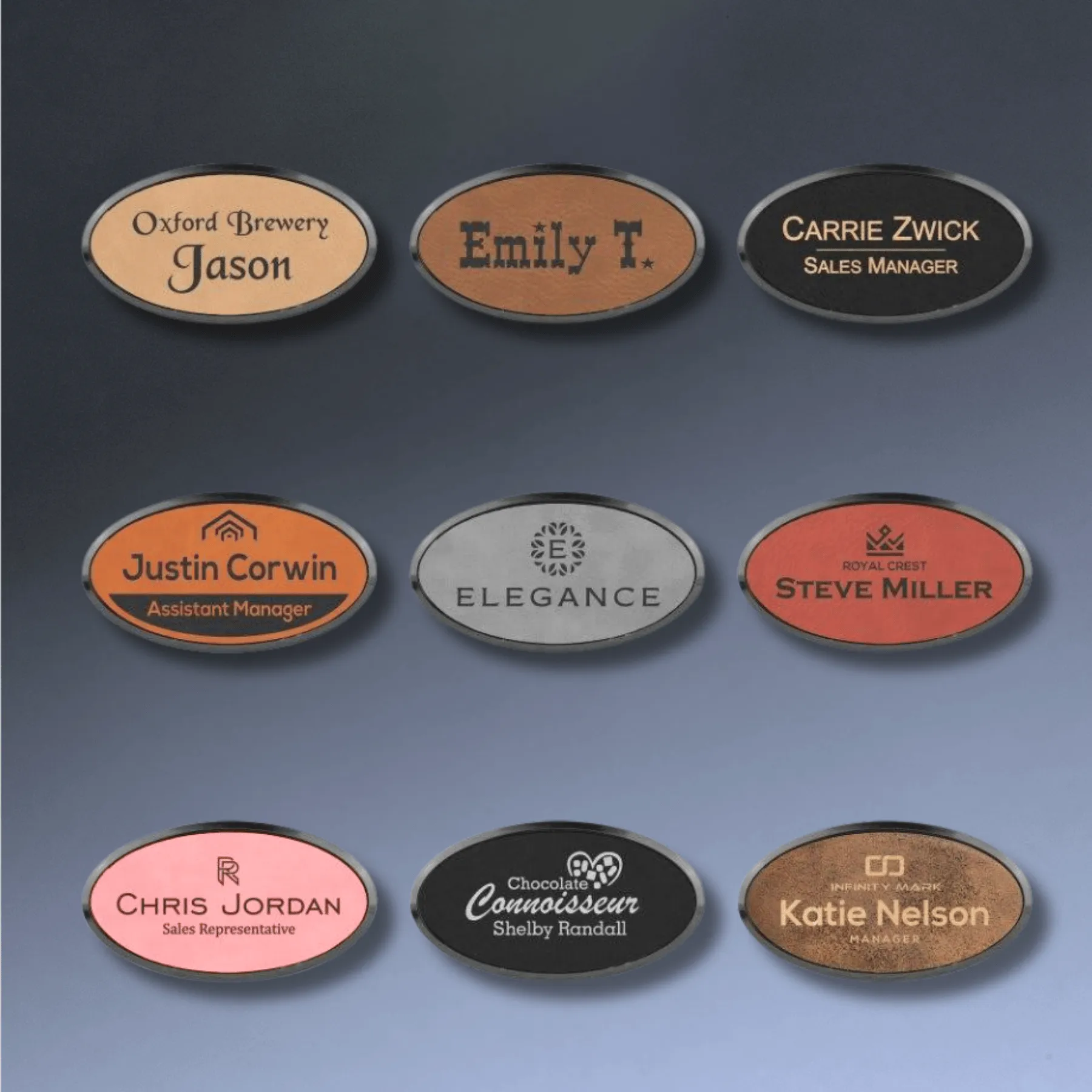 Personalized Name Badges with Black Frame in Leatherette Colors