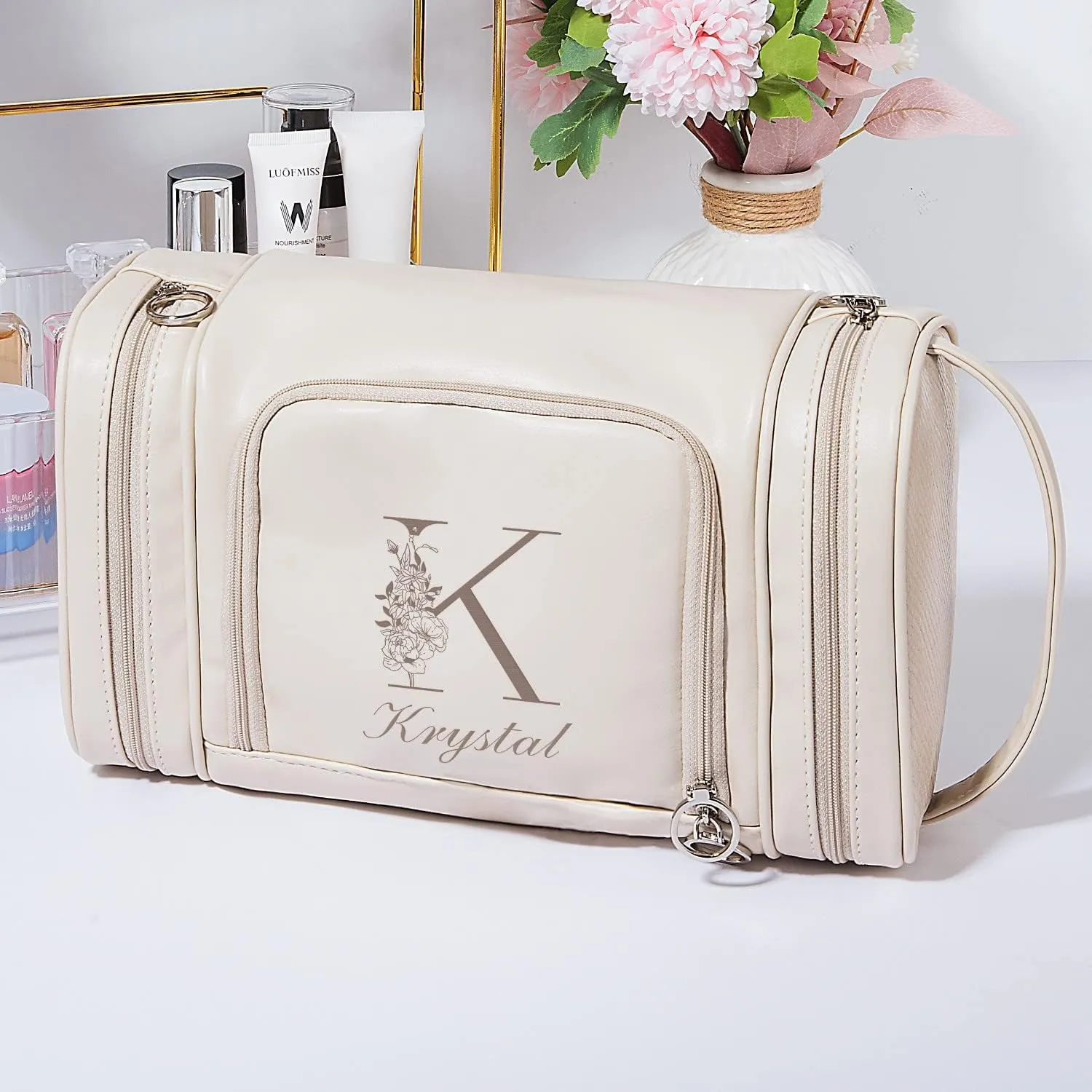 Personalized Name Cosmetic Bag for Sisters, Travel Toiletry Bag, Custom Initial Makeup Bag for Sister, Name Bag for Women, Water-Resistant Organizer Bag, Leather Makeup Bag, Women Christmas Sister