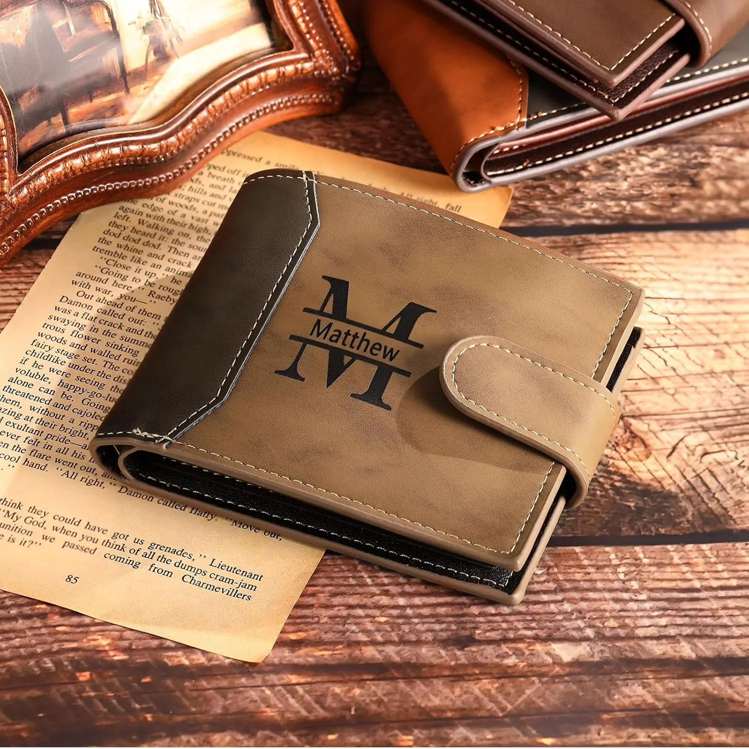 Personalized Photo Mens Wallets Leather: Custom Initial Name Bi-fold Wallet for Men Father - Men's wallets Wallet for Dad Boyfriend Grandpa Birthday Gift (Brown Photo Name)