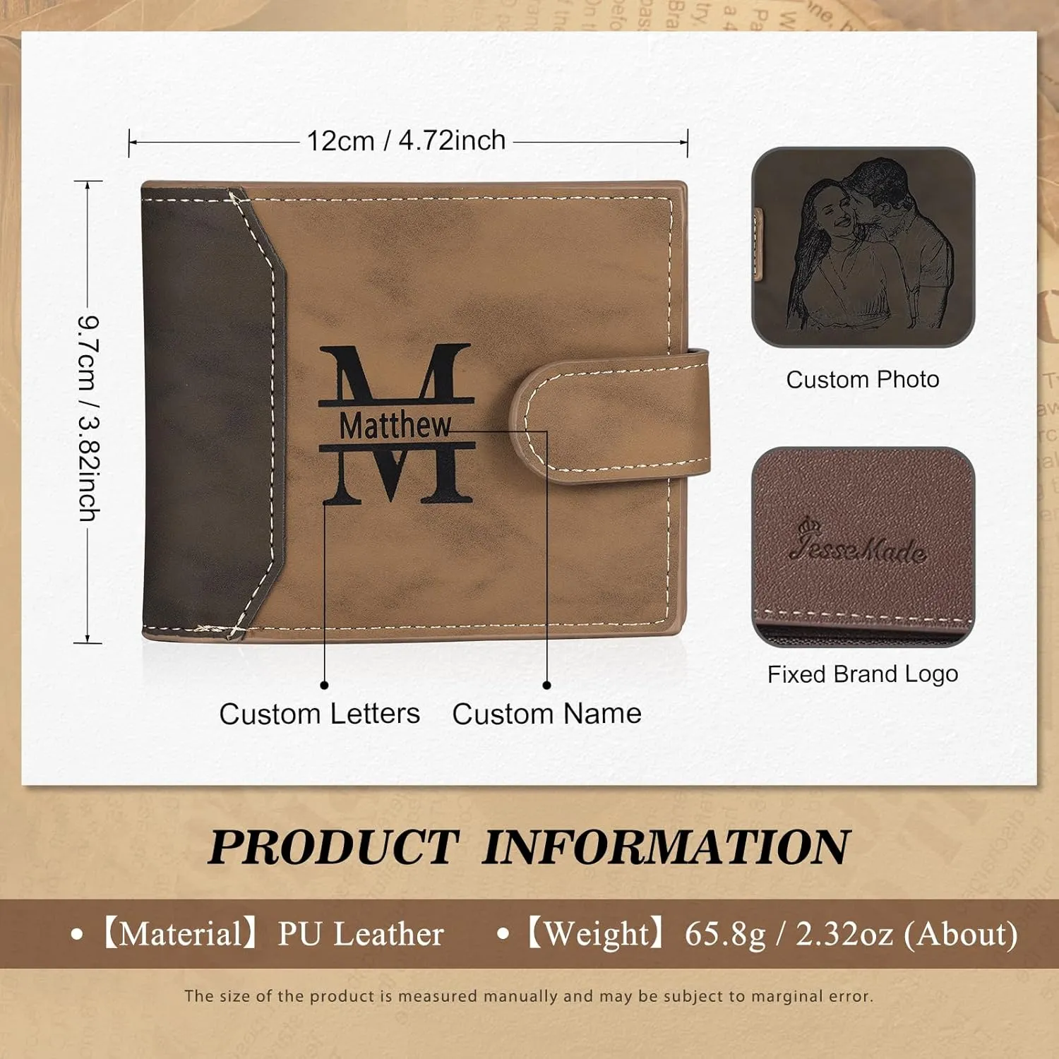 Personalized Photo Mens Wallets Leather: Custom Initial Name Bi-fold Wallet for Men Father - Men's wallets Wallet for Dad Boyfriend Grandpa Birthday Gift (Brown Photo Name)