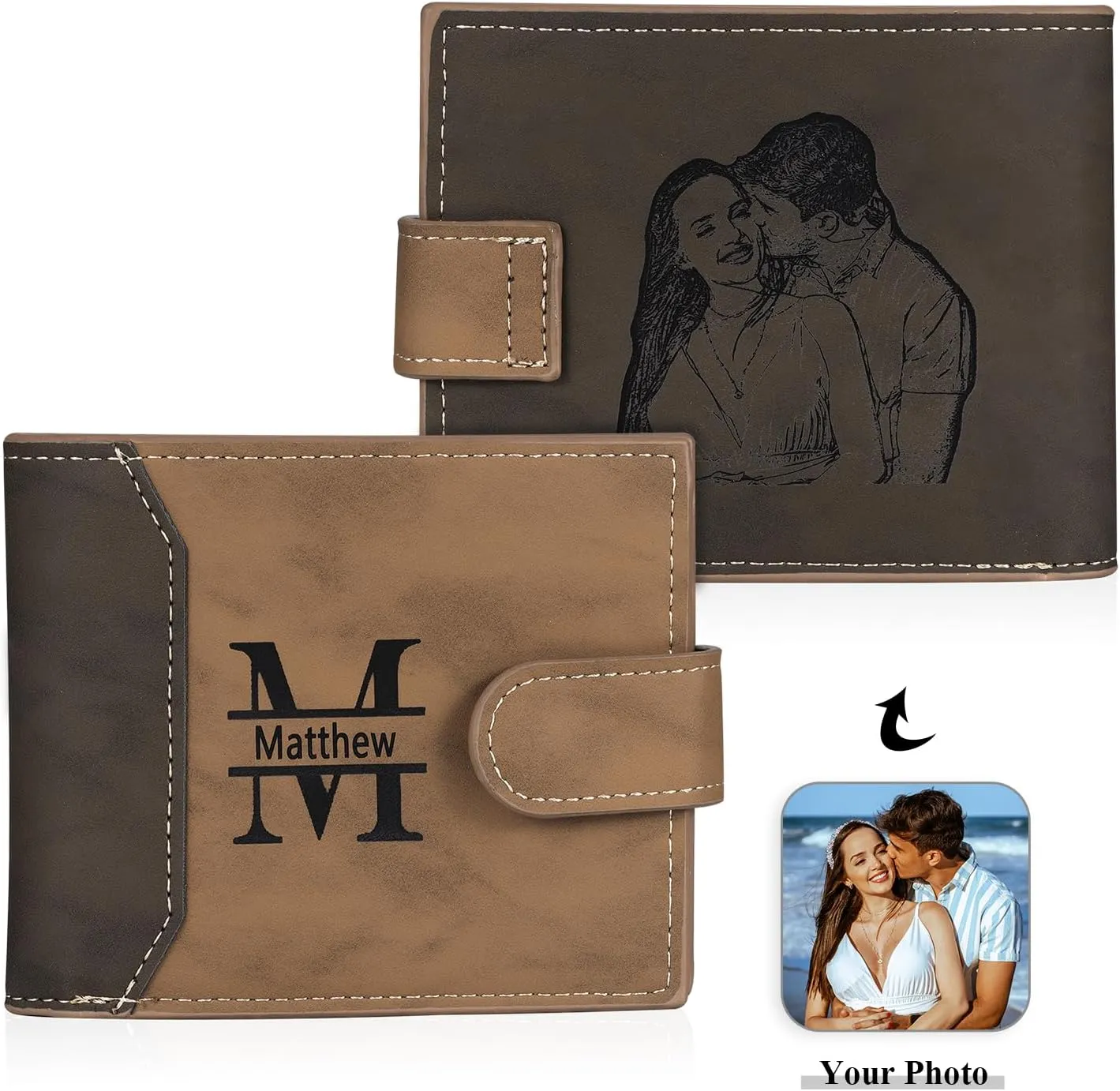 Personalized Photo Mens Wallets Leather: Custom Initial Name Bi-fold Wallet for Men Father - Men's wallets Wallet for Dad Boyfriend Grandpa Birthday Gift (Brown Photo Name)