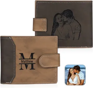 Personalized Photo Mens Wallets Leather: Custom Initial Name Bi-fold Wallet for Men Father - Men's wallets Wallet for Dad Boyfriend Grandpa Birthday Gift (Brown Photo Name)