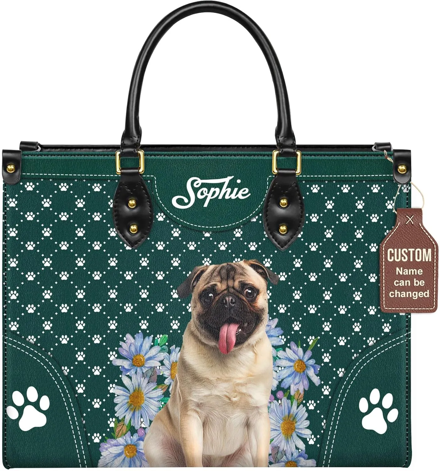 Personalized Pug Dog Handbags, Custom Name Dog Leather Bags, Purses, Shoulder Bag, Gift For Dog Mom Dog Lover
