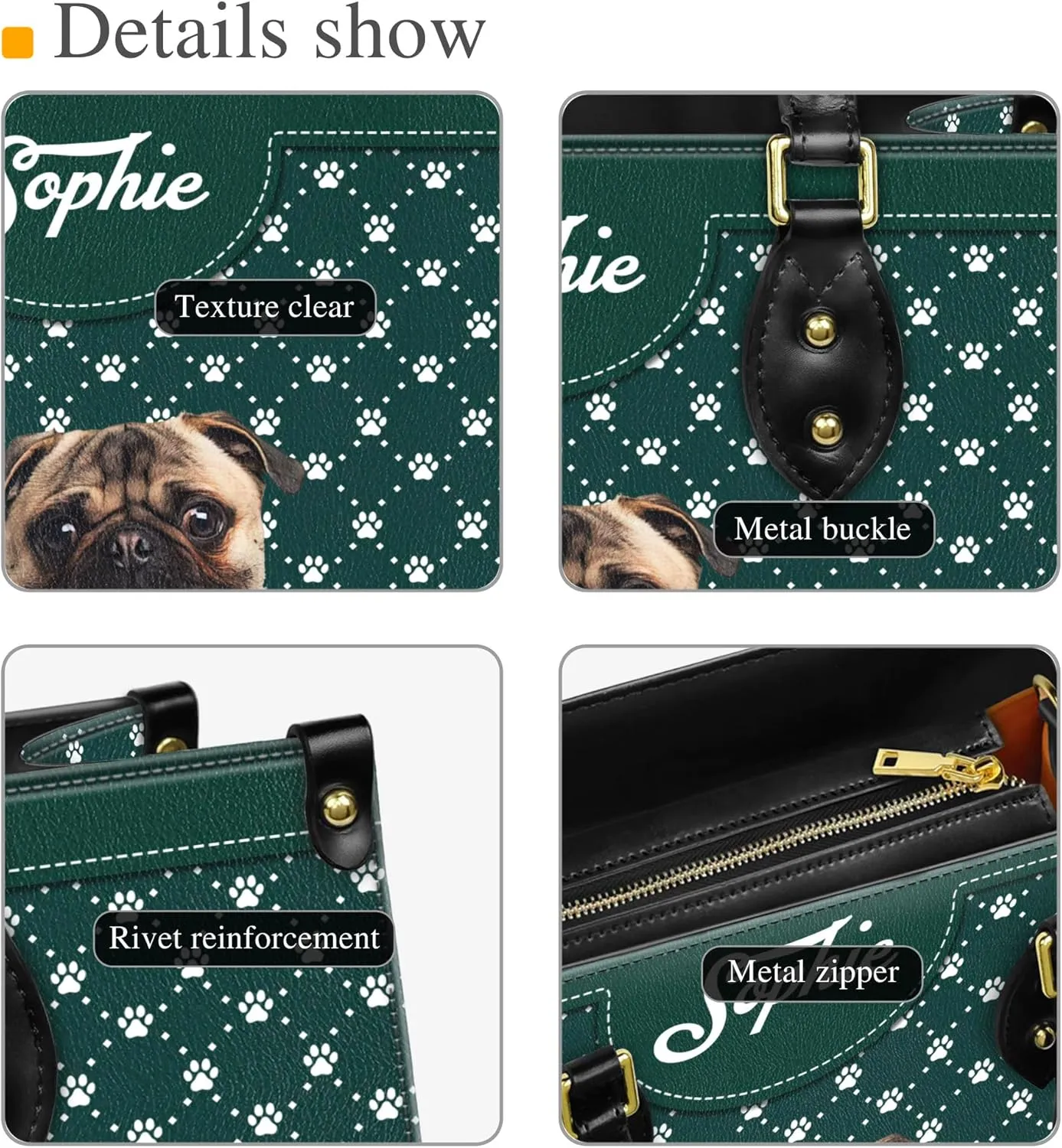 Personalized Pug Dog Handbags, Custom Name Dog Leather Bags, Purses, Shoulder Bag, Gift For Dog Mom Dog Lover