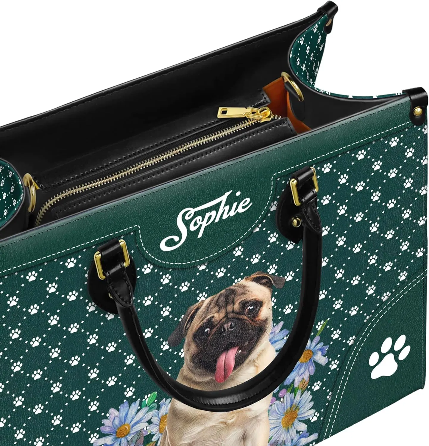 Personalized Pug Dog Handbags, Custom Name Dog Leather Bags, Purses, Shoulder Bag, Gift For Dog Mom Dog Lover