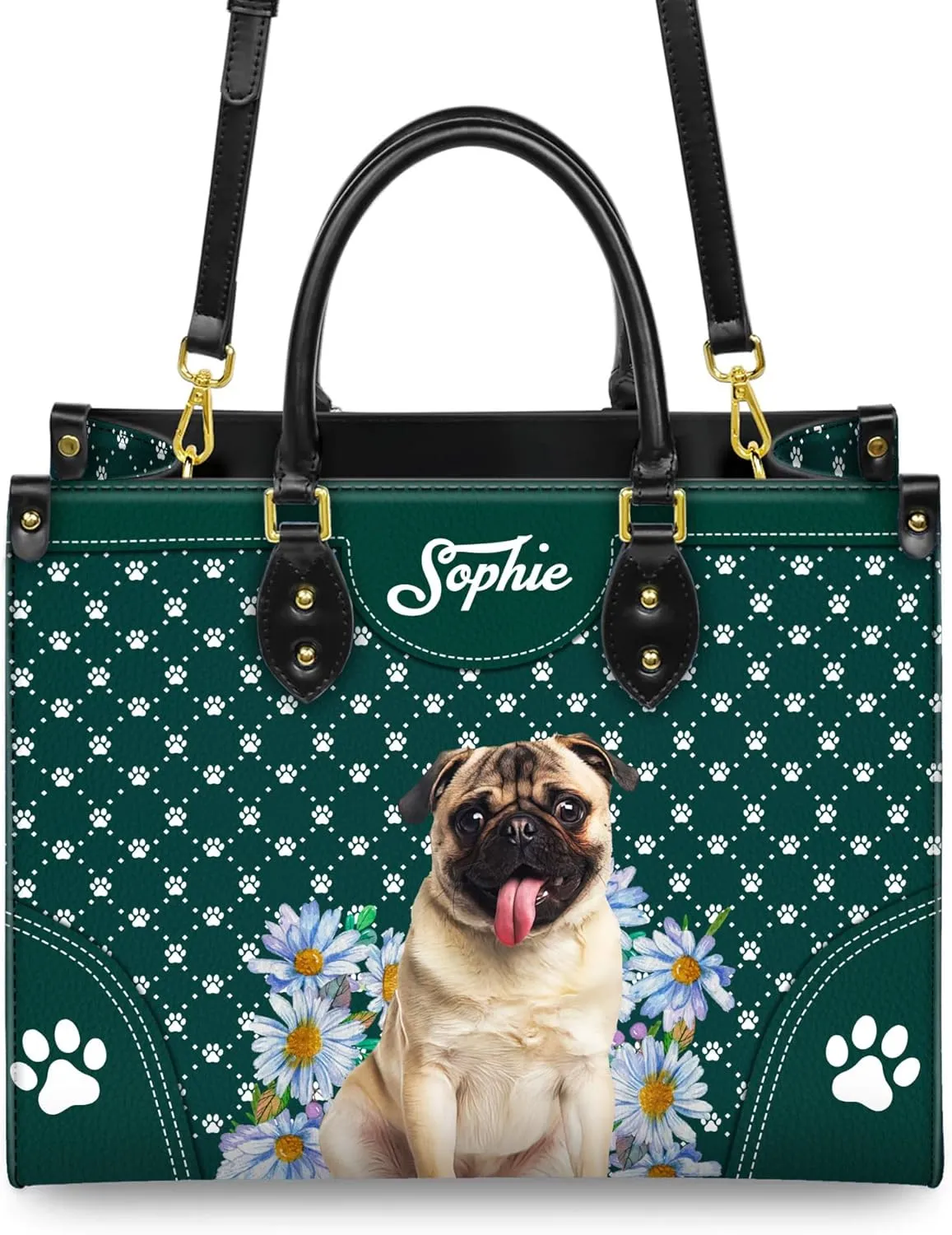 Personalized Pug Dog Handbags, Custom Name Dog Leather Bags, Purses, Shoulder Bag, Gift For Dog Mom Dog Lover