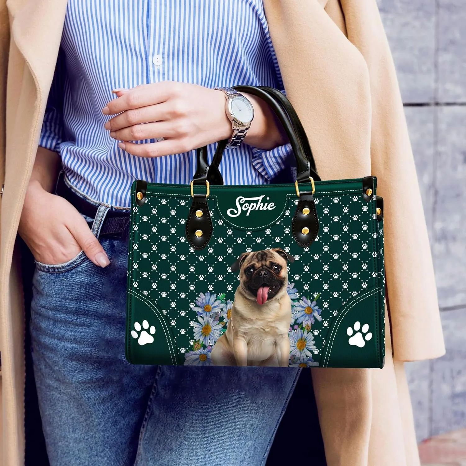 Personalized Pug Dog Handbags, Custom Name Dog Leather Bags, Purses, Shoulder Bag, Gift For Dog Mom Dog Lover