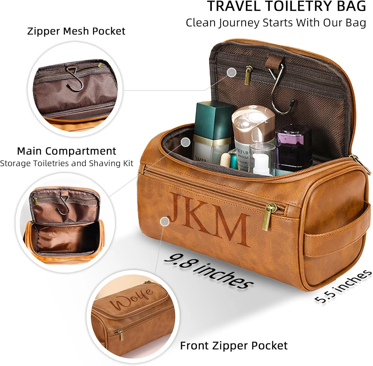Personalized Toiletry Bag for Men, Customized PU Leather Dopp Kit, Custom Name Shaving Bag for Travel, Handcrafted Gift for Groomsmen, Dad, Husband, Grandpa, Christmas Day, Birthday - Dark Coffee